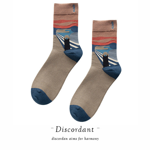 Couple Retro Popular Harajuku Pattern Compression Socks Style Ins Happy Novelty Abstract Gradient Stripes Bare Man Girl Socks